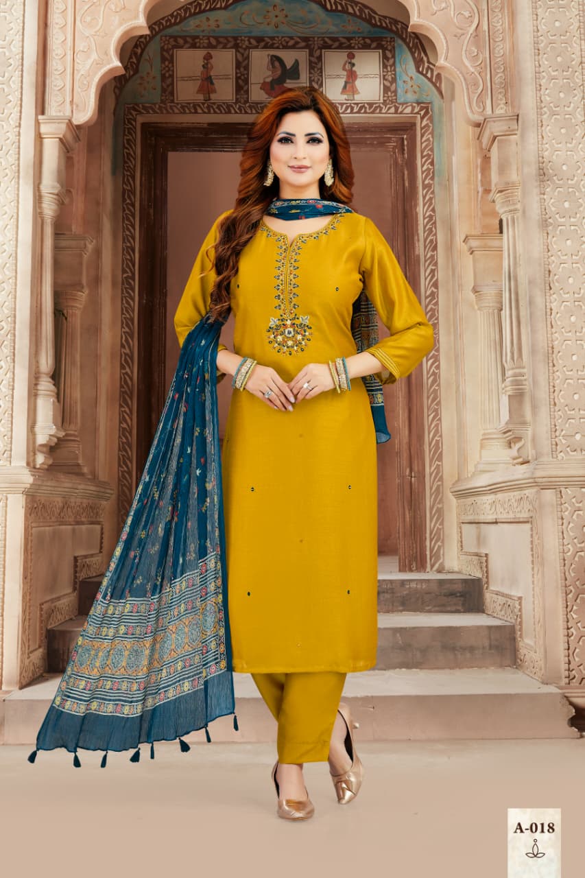 Shree Shanti Selection - Mustard Yellow Suit with Contrasting Blue Dupatta
